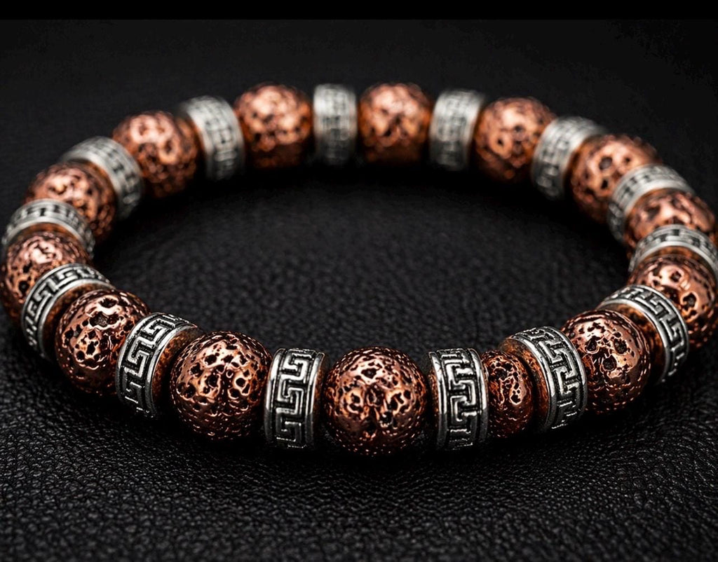 Copper Lava Greek Key Bracelet, Tribal Beaded Stretch Jewelry