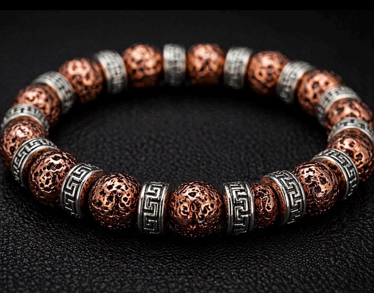 Copper Lava Greek Key Bracelet, Tribal Beaded Stretch Jewelry