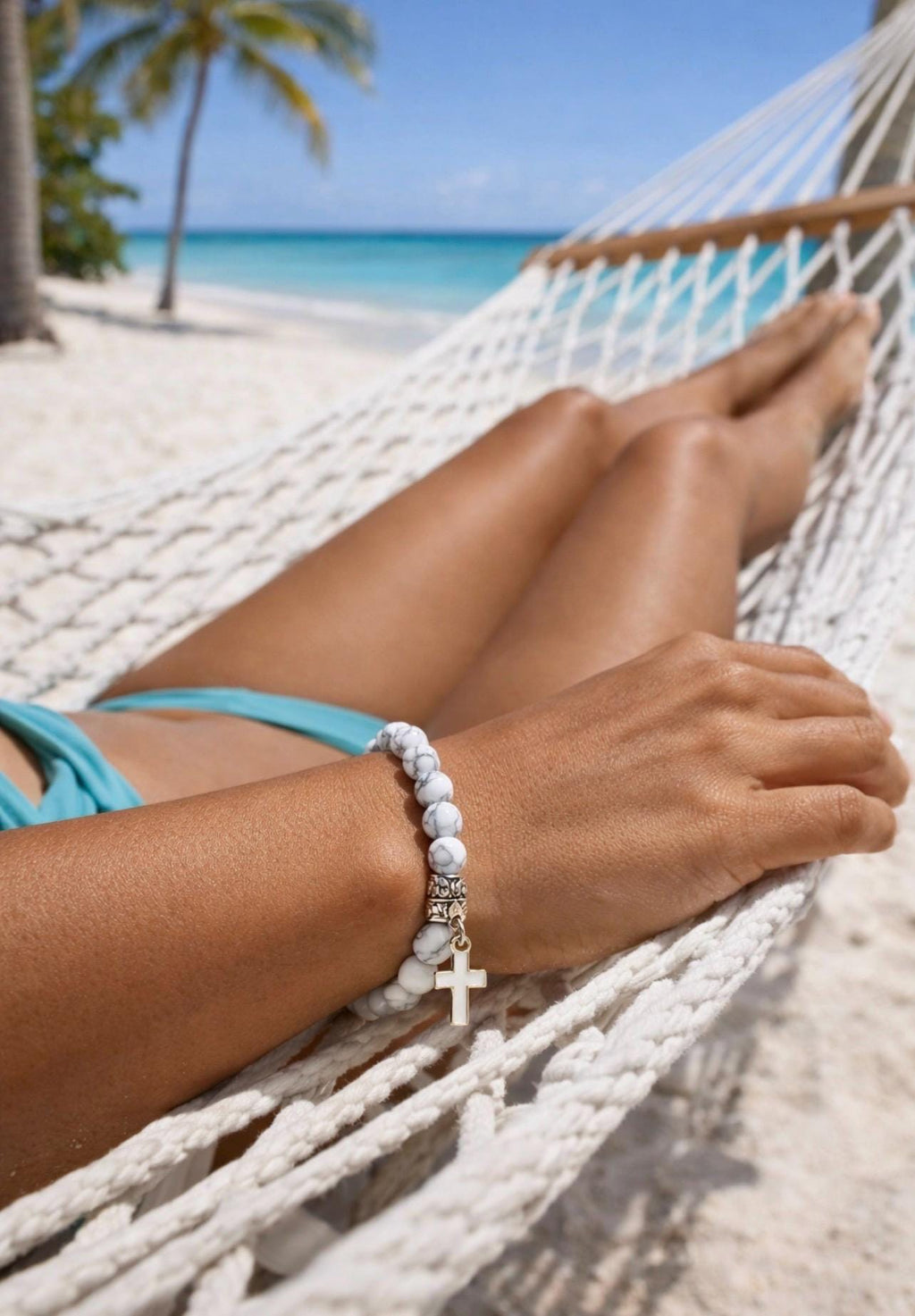 Style Beach, Bracelet - White Marble Beads with Cross