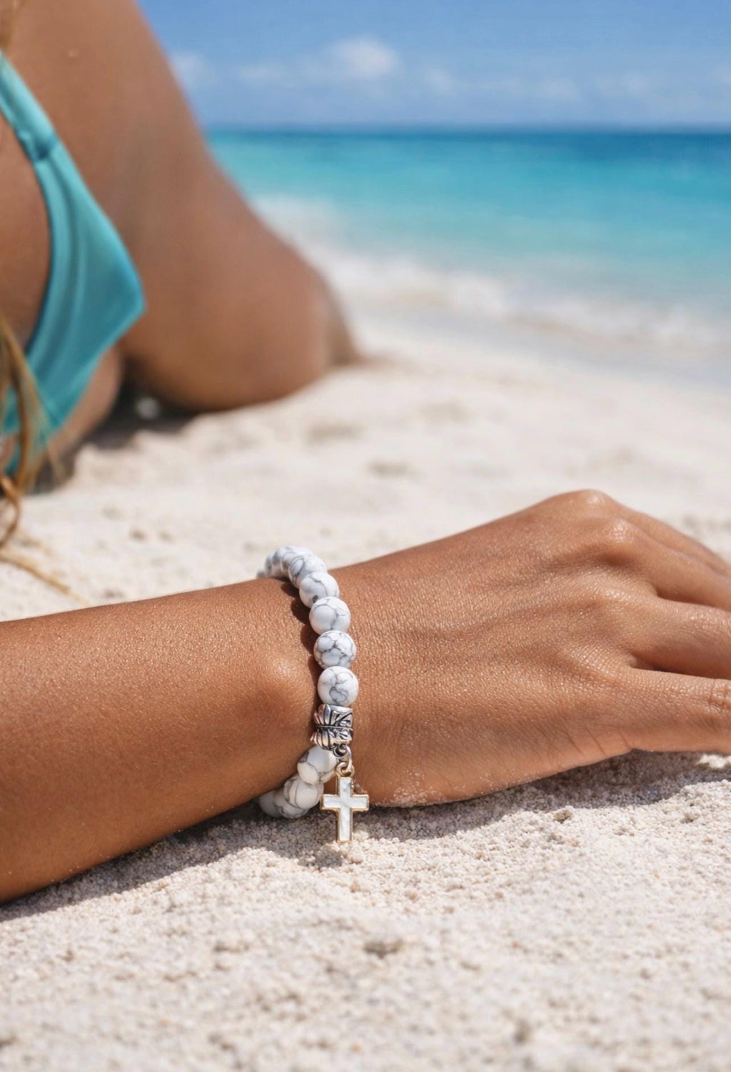 Style Beach, Bracelet - White Marble Beads with Cross
