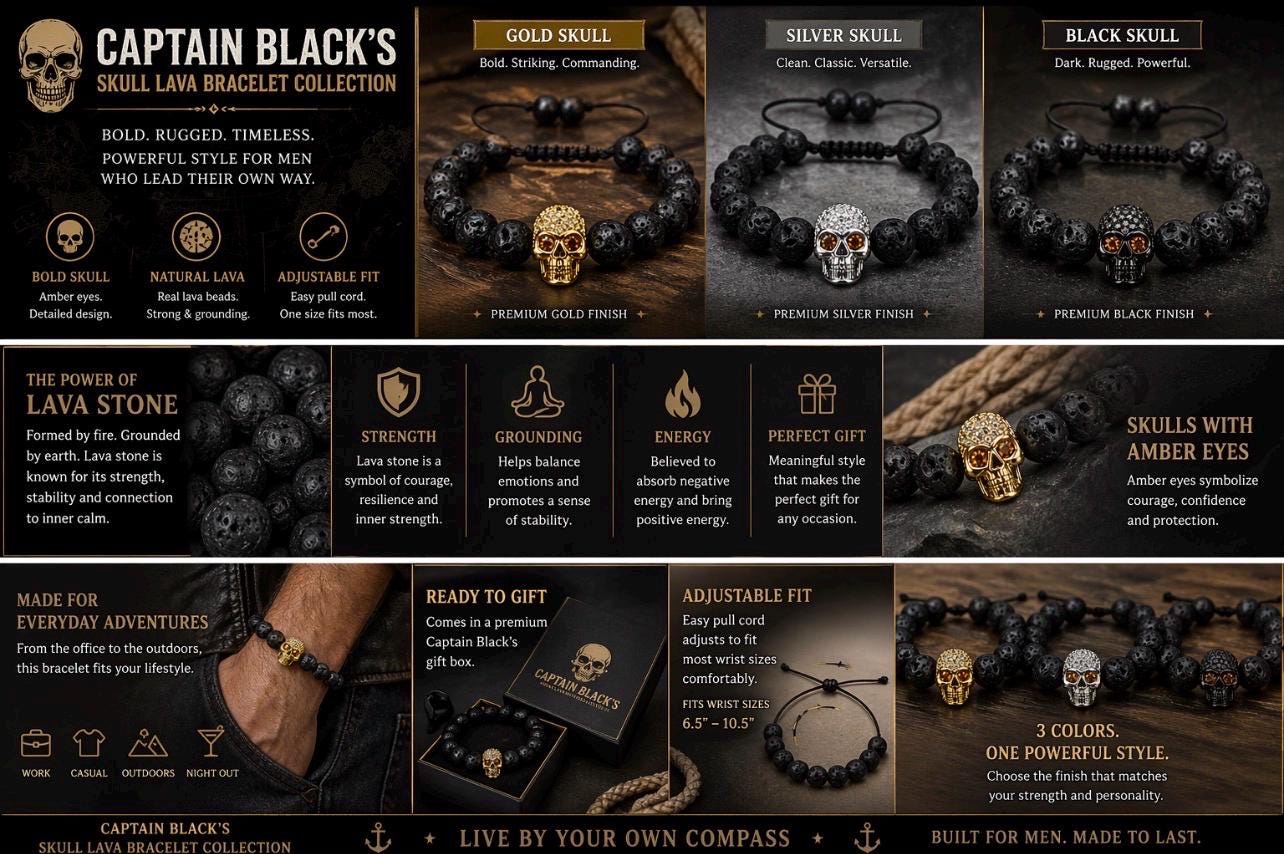 Pirate Collection. Captain Black Skull Lava Bracelet Collection | Gold Skull Bead Bracelet for Men