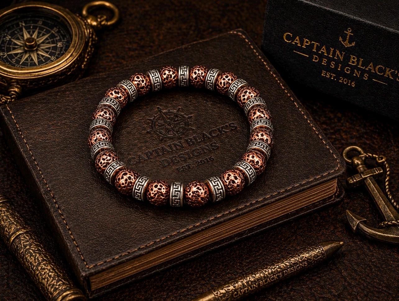 Copper Lava Greek Key Bracelet, Tribal Beaded Stretch Jewelry