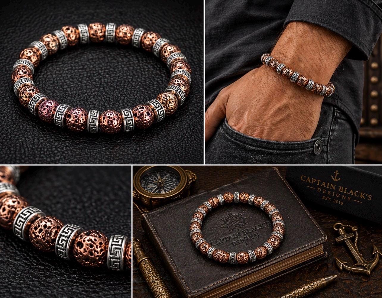 Copper Lava Greek Key Bracelet, Tribal Beaded Stretch Jewelry