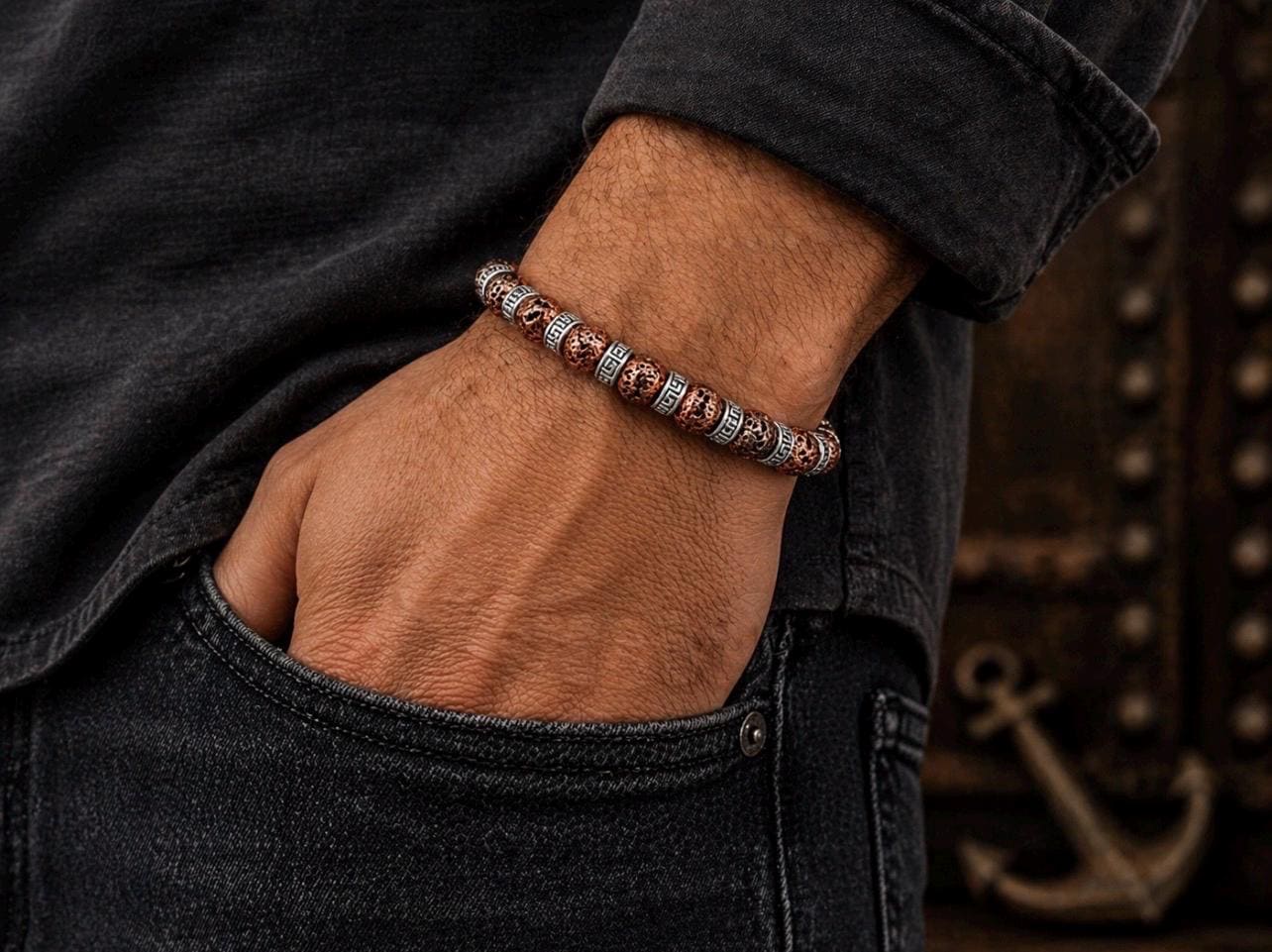 Copper Lava Greek Key Bracelet, Tribal Beaded Stretch Jewelry, Captain Black's Designs