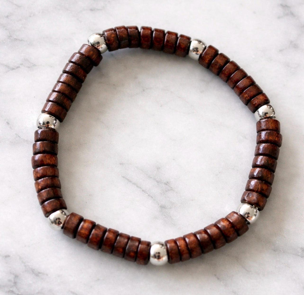 Bamboo Bead Bracelet with Silver Spacers, Beach Summer Jewelry