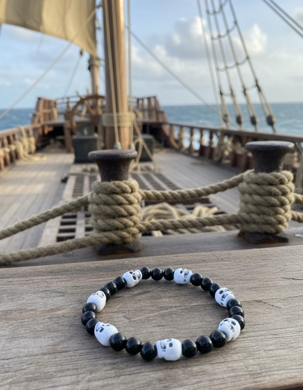Skull Bracelet: Black Onyx Pirate Beads