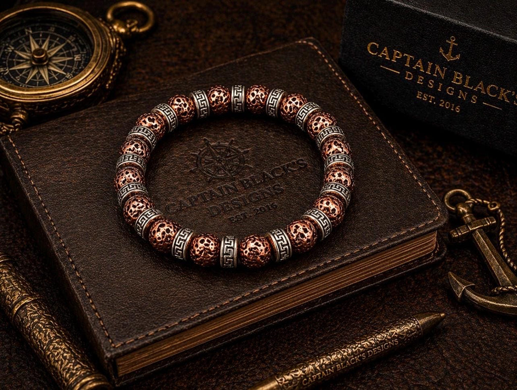 Copper Lava Greek Key Bracelet, Tribal Beaded Stretch Jewelry, Captain Black's Designs